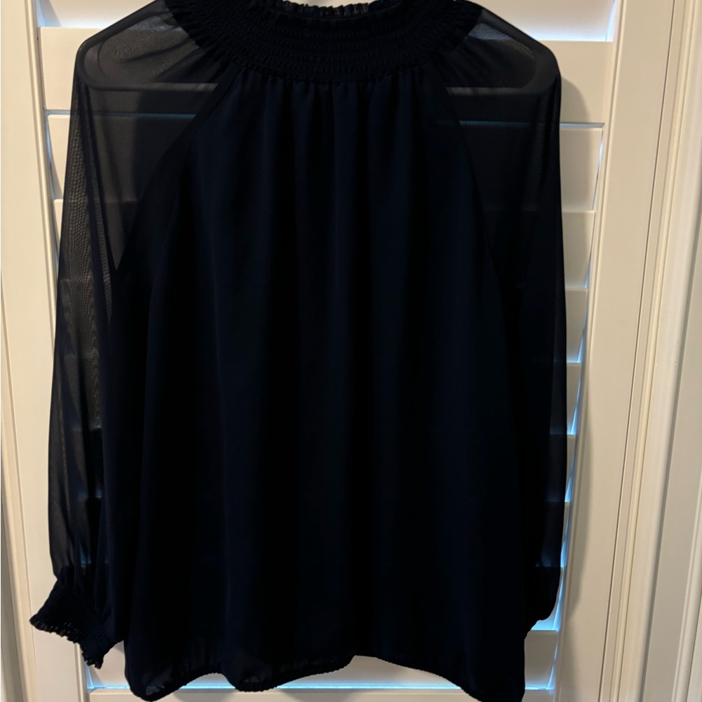 Ann Taylor Navy Blue Shirred Semisheer Long Sleeve Blouse